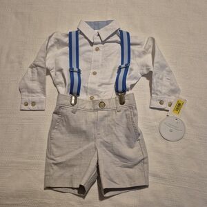 Edgehill Collection boys 6 mth classic tan, white and blue suspender outfit NWT